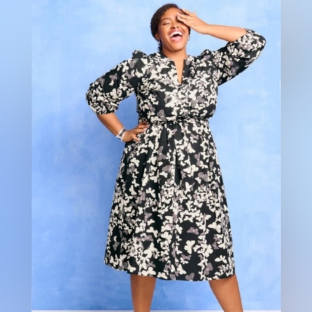 Talbots Dotted Butterfly Poplin Midi Shirtdress Size 16